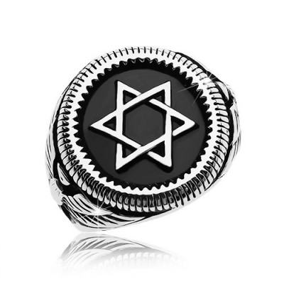 Inel masiv, argintiu, oțel de 316L, Steaua lui David &amp;icirc;n cerc negru - Marime inel: 64 foto