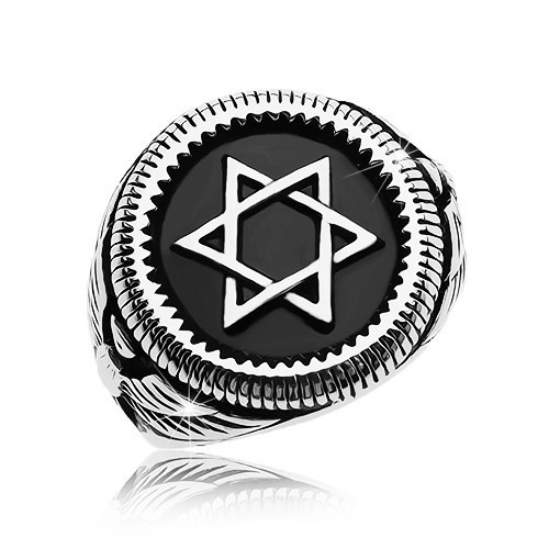 Inel masiv, argintiu, oțel de 316L, Steaua lui David &icirc;n cerc negru - Marime inel: 64