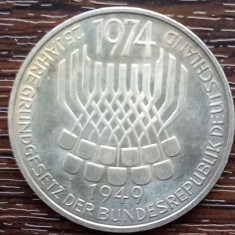 (A1088) MONEDA DIN ARGINT GERMANIA - 5 MARK 1974, LIT. F, 25 ANI CONSTITUTIA