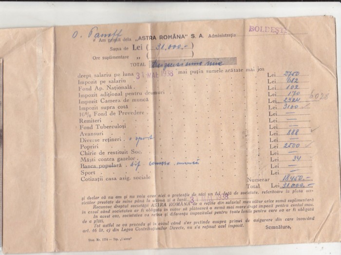 bnk div Astra Romana - 1938 - plic de salariu