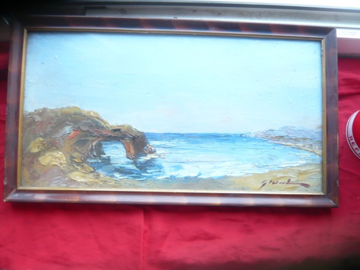 Tablou ulei pe carton - Coasta Cadrilaterului , semnat Stoica..dim.=45,5x23,5cm