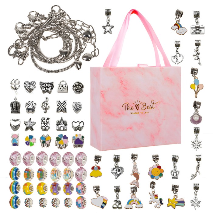 Set Realizare Bratari Colorate, Contine Diverse Pandantive si Margele, 4 Bratari, 70 Piese, Dezvolta Abilitatile Manuale, Portabil, Cutie Depozitare I