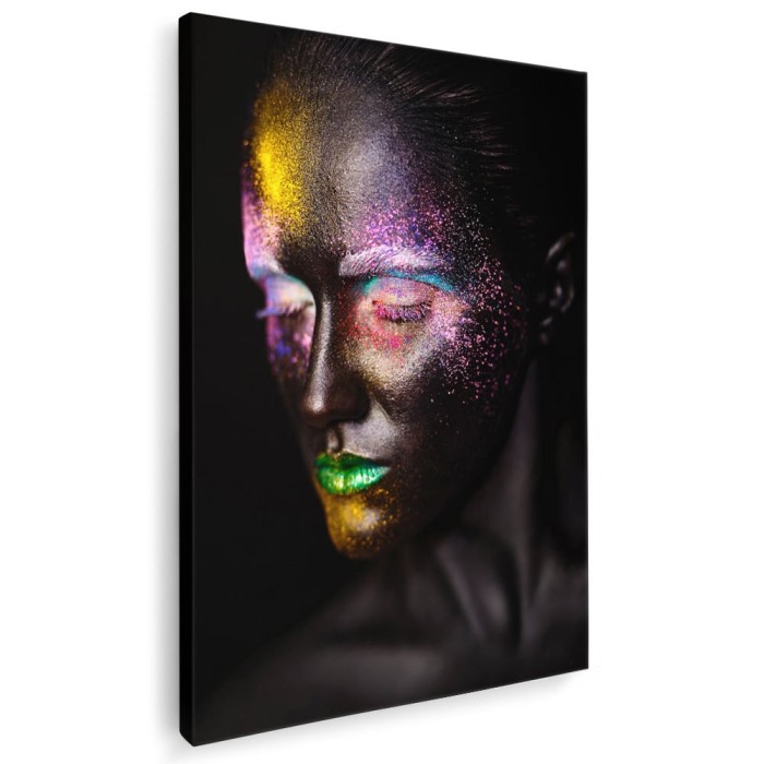 Tablou canvas portret model cu machiaj creativ in nuante negru roz galben 1048 Tablou canvas pe panza CU RAMA 60x80 cm
