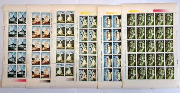 TIMBRE ROM&Acirc;NIA L.P.1255/1991 -M&Acirc;NĂSTIRI- SET DE 6 COLI -a 25 timbre MNH
