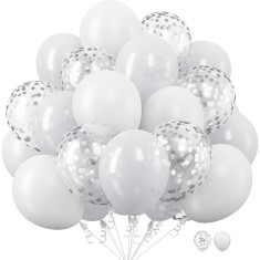 Set 10 baloane din latex, flippy, model party, 30 cm, 5x alb, 5x transparent confetti, 2.8 g