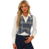 Tricou fără m&acirc;neci pentru femei cu guler &icirc;n V, model vintage &icirc;n carouri, set &ndash; gri-albastru XL