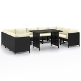 Set mobilier de gradina cu perne, 10 piese, negru, poliratan