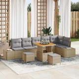 Set de canapea pentru grădină 9 piese cu perne Bej Ratan Sintetic Acacia