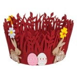 Cos Decorativ de Paste din Fetru Rosu cu Iarba, Flori, Iepurasi si Oua, &Oslash;19x9.5cm, CMCLASS