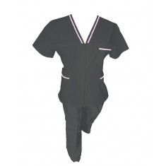Costum Medical Pe Stil, negru cu fermoar si cu garnitura Roz deschis, Model Adelina - XS, XS