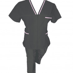 Costum Medical Pe Stil, negru cu fermoar si cu garnitura Roz deschis, Model Adelina - XS, XS
