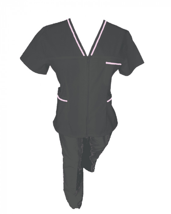 Costum Medical Pe Stil, negru cu fermoar si cu garnitura Roz deschis, Model Adelina - 4XL, 2XL