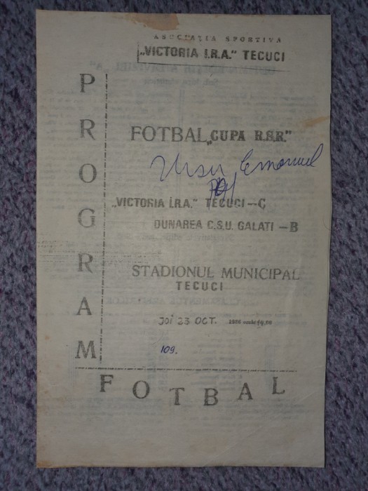 Program meci Victoria Tecuci - Dunarea CSU Galati 23 Oct 1986