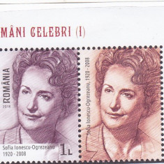 OAMENI CELEBRI I,SOFIA OGREZEANU, VAL 1 LEU CU VINIETA ,2018,MNH,ROMANIA