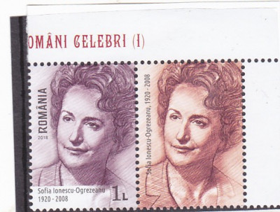 OAMENI CELEBRI I,SOFIA OGREZEANU, VAL 1 LEU CU VINIETA ,2018,MNH,ROMANIA foto