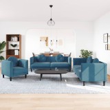 vidaXL Set de canapele cu perne, 3 piese, albastru, catifea