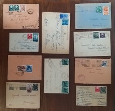 ROMANIA 10 plicuri francate cu timbre surpratiparite la reforma monetara in 1952