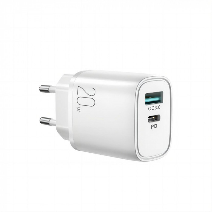 &Icirc;ncărcător Rapid Joyroom USB-A QC3.0 / USB-C PD 20W Alb (L-QP2011) L-QP2011-WHITE