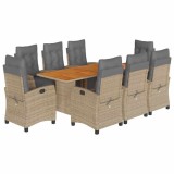 Cumpara ieftin Set de masa pentru gradina, 9 piese, cu perne, bej, poliratan