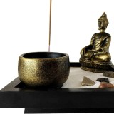 Set decorativ cu statuie Buddha, Suport Lumanari Bete Parfumate, Nisip, Pietre decorative si Suport din lemn, 12.5 x 12.5 x 3 cm
