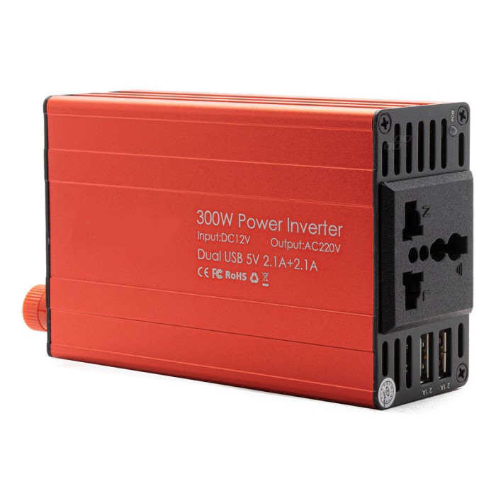 Convertor tensiune auto 12v la 220v, 300w putere nominala / 600w varf, 2 x usb 5v, priza universala, ventilator, carcasa aluminiu
