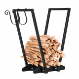 Raft pentru Lemne cu Carlige, pentru Exterior/Interior din Otel, cu Design Modern si Baza Inaltata, 45x32x58cm, Negru Outsunny | Aosom Romania