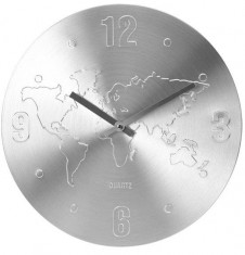 Ceas de perete Argintiu, din Aluminiu, cu limbi Argintii, D 35cm, model Harta Lumii foto