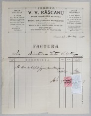 FABRICA V.V. RASCANU , PRIMA TURNATORIE ARTISTICA , BUCURESTI , FACTURA EMISA SCULPTORULUI DUMITRESCU TINTEA , 1915