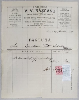 FABRICA V.V. RASCANU , PRIMA TURNATORIE ARTISTICA , BUCURESTI , FACTURA EMISA SCULPTORULUI DUMITRESCU TINTEA , 1915 foto