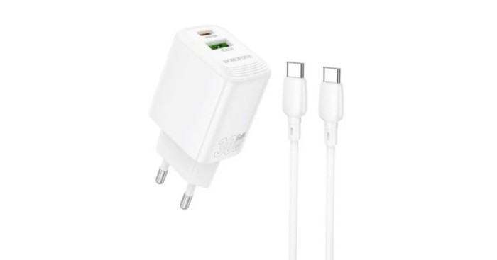 Incarcator Borofone PD 30W + QC3.0 set cu cablu Type-C la Type-C Alb