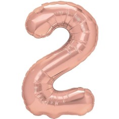 Balon din folie metalizata flippy, figurina cifra, tema aniversare 40 cm, ambalaj individual, pai inclus, umflare cu aer sau heliu, rose gold, cifra 2