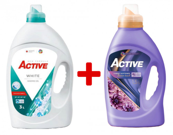 Detergent lichid pentru rufe albe Active, 3 litri, 60 spalari + Balsam de rufe Active Summer Touch, 1.5 litri, 60 spalari