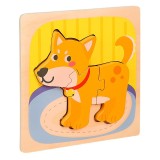 Puzzle din lemn multicolor 15 x 15 x 0,5 cm cu catelus, joc educativ cu piese detasabile