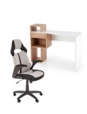 Set birou HM Conti, rafturi, sertar, PAL melaminat, 122x57x90 cm, stejar/alb si scaun copii HM Bloom, stofa/mesh, mecanism de balans, cotiere rabatabi