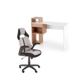 Set birou HM Conti, rafturi, sertar, PAL melaminat, 122x57x90 cm, stejar/alb si scaun copii HM Bloom, stofa/mesh, mecanism de balans, cotiere rabatabi