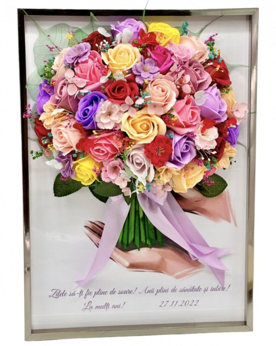 Buchet in rama personalizabil cu trandafiri si flori de cires 30 cm x 42 cm (multicolor)