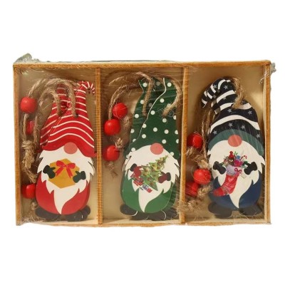 Set 9 decoratiuni de craciun din lemn, flippy, cu snur pentru agatare in brad, 3 modele mos craciun diferite dimensiuni, multicolor foto