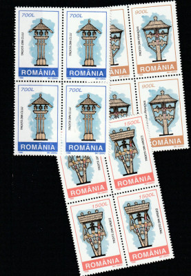 Romania 1998-Religie,Troite,serie 3 valori in bloc de 4, dantelate,MNH foto