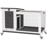PawHut Hutch pentru iepuri din lemn cu spațiu de joacă rotițe acoperiș pliabil pentru interior, exterior 92 x 52 x 67 cm Gri &icirc;nchis | Aosom Romania