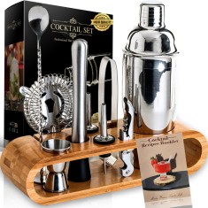 Set de Barman pentru Preparare Bauturi BIRAI&reg;, 10 piese, Cocktail Shaker 550 ml, Otel inoxidabil, Suport din Bambus Premium, Lingurita, Strecuratoare,