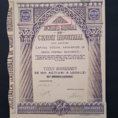 Actiune 1945 Soc. nationala de credit industrial , titlu 100 actiuni