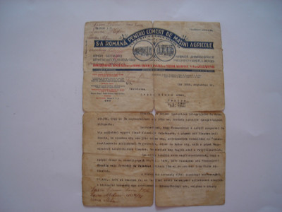 Document cu antet S.A. Romana pentru comert de masini agricole, 1928 foto