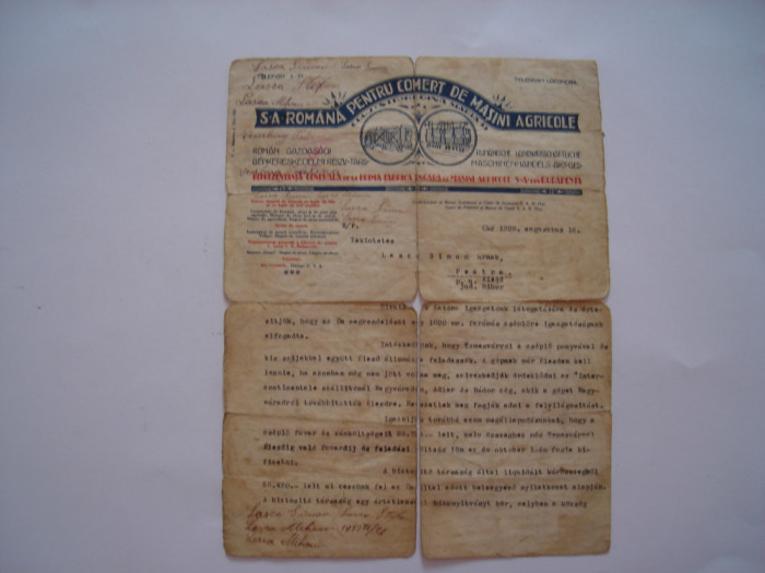 Document cu antet S.A. Romana pentru comert de masini agricole, 1928