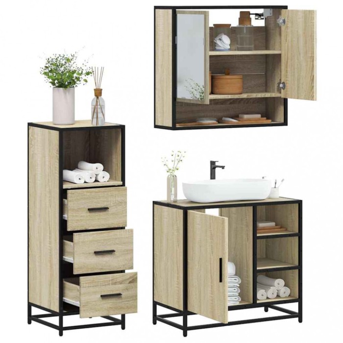 Gossi set mobilier de baie, 3 piese, stejar sonoma, lemn prelucrat