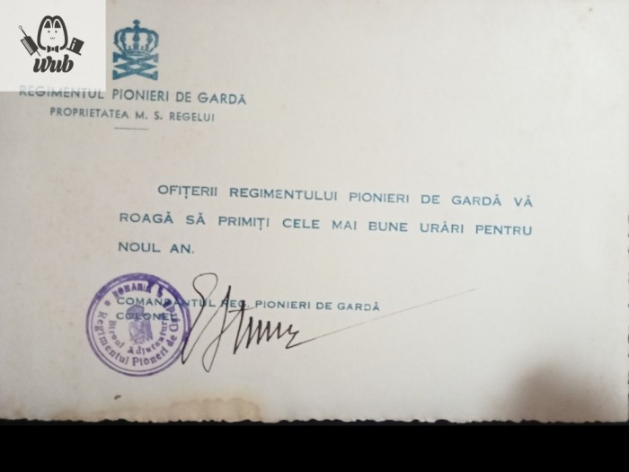 Felicitare de Anul Nou semnata de comandantul Regimentului pionieri de garda