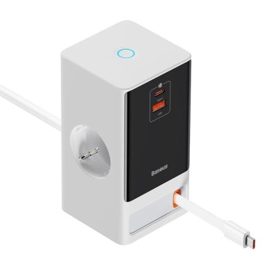 Prelungitor Priza Shuko, USB, 2xType-C, 65W - Baseus (PSLR000602) - White foto
