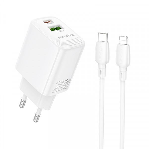 Incarcator Retea Cu Cablu Lightning Borofone BN27 Fuente, 20W, 3A, 1 x USB-A - 1 x USB-C, Alb