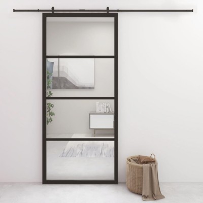 vidaXL Ușă glisantă, negru, 90x205 cm, aluminiu și sticlă ESG foto