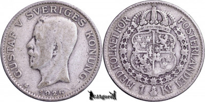 1926 W, 1 Krona - Gustav al V-lea - Regatul Suediei | KM 786.2 foto