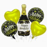 Baloane pentru aniversare, flippy, tematica happy birthday, set 5 baloane, 1 sticla sampanie 103 x 94 cm, 2 inimi, 2 rotunde, din folie de aluminiu, p